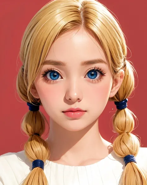 close up photo, a girl, blonde hair, twintails, 
(big eyes:1.3), eye lashes, red lips,
(shy, blushing), 
simple background,
(bright skin, soft light, best quality, realistic:1.4),