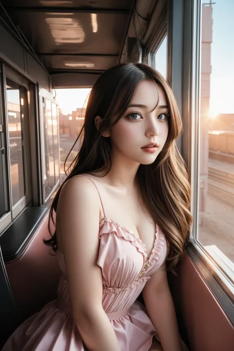 a close up of a woman sitting on a train looking out a window