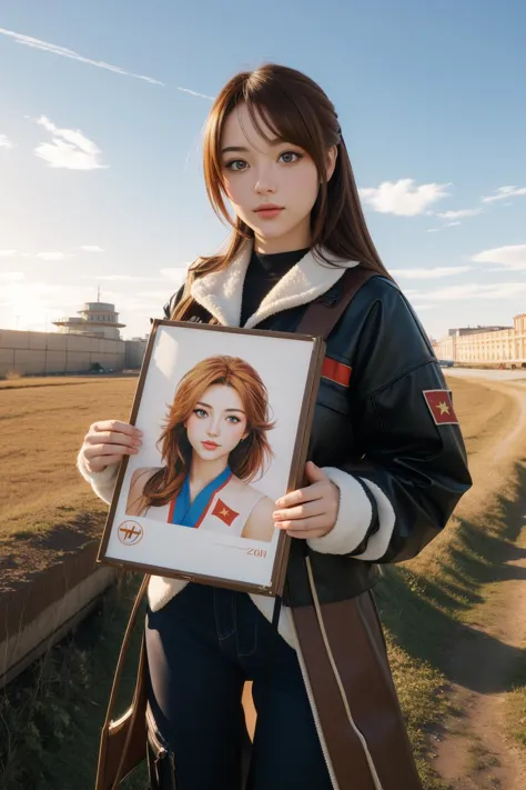 a woman holding a picture of a girl in a field