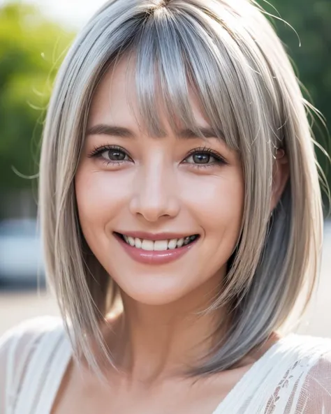 (fechar-se:1.2), cara de menina, Os anos 50, (olhe para o visualizador), (caucasiano), cabelo prateado, Franja cega, 
(grande sorriso:1.4), 
(melhor qualidade, realista:1.4),