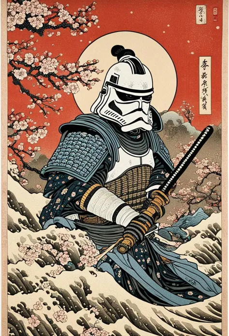 Japanese woodblock calligraphy scroll depicting a stormtrooper as a Japanese samurai, Ukiyo-e Art, katana, cherry blossoms, wave...