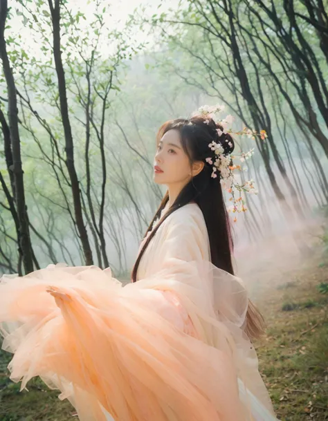 Best quality,(masterpiece:1.2),cinematic photo,A beautiful girl wearing a white hanfu
Hanfu girl in a peach blossom forest, deli...