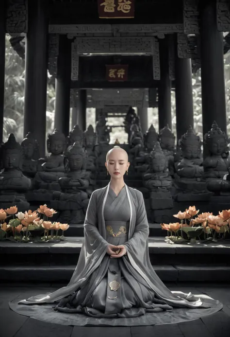 (grey:1.3)
She is bald hair. She is a bald nun who is meditating in the temple, surrounded by Buddha statues and lotus flowers, very elegant
The picture is symmetrical, symmetrical art
She is a female disciple of Buddhism, wearing robes typically worn by those in the Buddhist order, primarily in gray, symbolizing her purity and compassion. 
(She has compassionate eyes, allowing her makeup to be kept simple and modest, using gray as the main color, symbolizing her purity and compassion. She often practices meditation in the tranquility of the temple, where numerous Buddha statues and lotus flowers can be found.)
Her style is pure and compassionate, so the artistic style can be chosen as simple and unadorned, with a serene and light gray color palette.
(1girl:1.3), adult, Guofeng, Hanfu, mist, looking at viewer,long hair blown by the wind,  dusk, masterpiece,
analog film photo ethereal fantasy concept art of masterpiece, dynamic perspective, intricate details, wide angle, motion blur.  long hair.