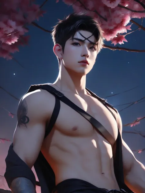 masterpiece, best quality, highres, 1boy,black crew cut, blindfold, bdsm, harness, male_focus, navel, nipples, o-ring, realistic, solo, ,Muscular Frame, looking at the viewer, cherry tree, night,full moon, tattoos, ear ring, chastity belt,