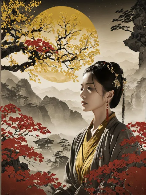 Double Exposure Style, cinematic photo ink wash painting of A traditional Chinese art-inspired portrait, featuring a woman in ancient Hanfu attire,silhouetted rocks, and golden-yellow blossom branches.  The serene landscape evokes the tranquility found in classical Chinese paintings from the Song and Ming dynasties. Complementing the scene are golden calligraphy characters and red seals,  all set within a color palette rich in soft golds, whites, and deep reds.
.Using shadows as the main subject, playing with light.,Half the face lit, the other in shadow for dramatic portraits. . monochromatic, loose, fluid, expressive, delicate,colorful . 35mm photograph, film, bokeh, professional, 4k, highly detailed, double image ghost effect, image combination, double exposure style