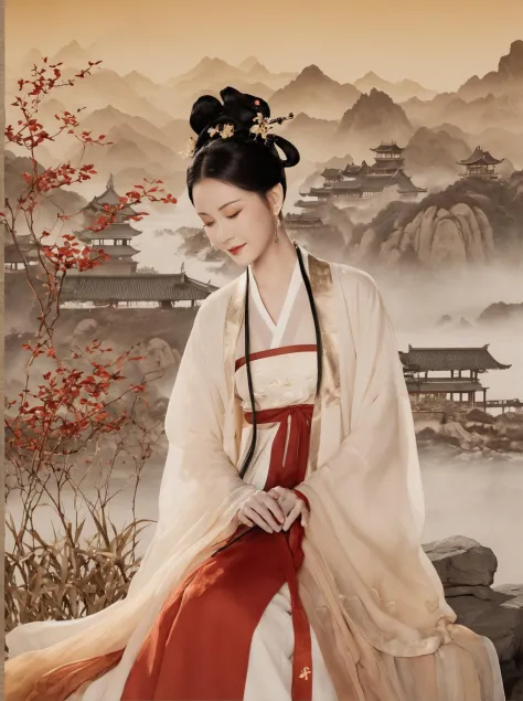 Wunderlich und verspielt, filmische foto tusche malerei von licht hanfu,Ein von traditioneller chinesischer Kunst inspiriertes Porträt, mit einer Frau in alter Hanfu-Kleidung.  Die heitere Landschaft erinnert an die Ruhe, die man in klassischen chinesischen Gemälden der Song- und Ming-Dynastien findet.. Ergänzt wird die Szene durch goldene Kalligraphiezeichen und rote Siegel,  alles in einer Farbpalette reich an sanftem Gold, Weiße, und tiefe Rottöne.Absichtlich verschwommen für einen verträumten, ätherische Stimmung.,Realismus der nächsten Generation, Vermischung von Virtuellem und Realität. . Monochromatisch, Lose, Flüssigkeit, ausdrucksvoll, empfindlich,bunt . 35mm Fotografie, Film, bokeh, Fachmann, 4k, sehr detailliert, einfallsreich, Fantastisch, helle Farben, stilisiert, Glücklich, Wunderlich und verspielt