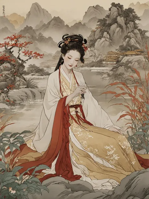 Whimsical and Playful, cinematic photo ink wash painting of light hanfu,A traditional Chinese art-inspired portrait, featuring a woman in ancient Hanfu attire.  The serene landscape evokes the tranquility found in classical Chinese paintings from the Song ...