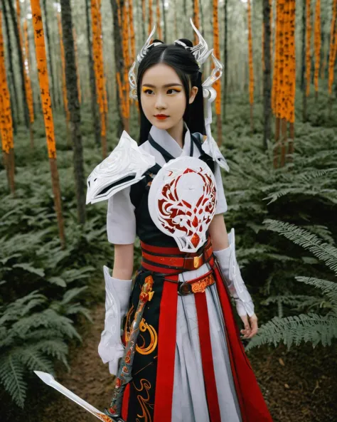 Ein extrem süßes und liebenswertes futuristisches Mädchen um die 20, trägt Hanfu im Tang-Stil, in einem Wald stehen, wo Natur und Technologie perfekt miteinander harmonieren. Sie hat eine mittlere Oberweite. Handschuhe tragen, Sie hält den Griff eines prächtigen, flammenden Schwertes, das in purpurroten und goldenen mystischen Runen gehüllt ist. Die Klinge scheint aus Materialien geschmiedet zu sein, die sowohl uralt als auch futuristisch sind, ein kaleidoskopisches, magisches Leuchten aussendet. Als Protagonist, sie nimmt eine große Fläche ein. Ihre Haltung ist sehr unschuldig und süß, im Gegensatz zu den kleinen und zarten High-Tech-Einrichtungen und der Vegetation um sie herum. Das Gemälde hat helle Töne, und das Mädchen strahlt eine fröhliche und energiegeladene Aura aus.