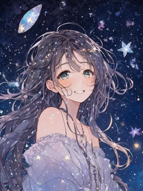 1girl,hanfu,full body,stars in the eyes, messy floating hair, colored inner hair, Starry sky adorns hair, depth of field,stars i...