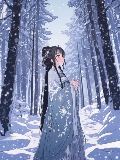 1girl,hanfu,full body,((detailed beautiful snow forest with trees)), ((snowflakes)), floating,