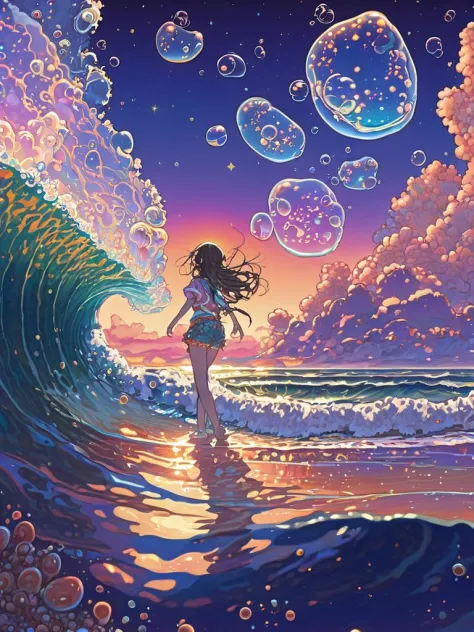 1girl,hanfu,full body,walking, waves, wind,(((glistening light of waves))),(detailed sunset glow),(floating flow),((coral)),(Luminous),coast,(floating colorful bubbles),beautiful detailed sky,(fluorescence),detailed shadow,(conch),beautiful detailed water, starfish, meteor, rainbow,(seabirds),(glinting stars), (glowworm),(splash),detailed cloud, shell,(fireworks),