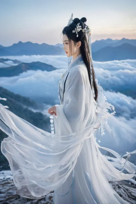 (1girl:1.3), adult, Guofeng, Hanfu, mist, looking at viewer,long hair blown by the wind,  dusk, masterpiece,
analog film photo ethereal fantasy concept art of masterpiece, dynamic perspective, intricate details, wide angle, motion blur. white long hair. She stood on a mountaintop.