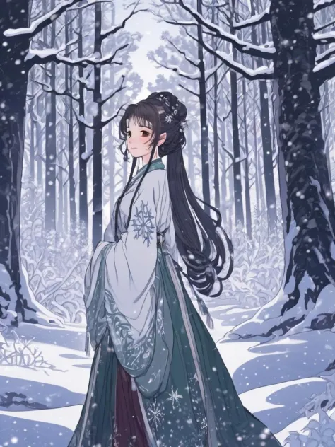 1girl,hanfu,full body,((detailed beautiful snow forest with trees)), ((snowflakes)), floating,