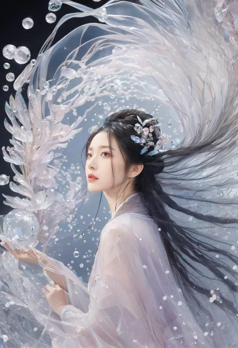 (1girl:1.3), adult, Guofeng, Hanfu, mist, looking at viewer,long hair blown by the wind,  dusk, masterpiece,
analog film photo ethereal fantasy concept art of masterpiece, dynamic perspective, intricate details, wide angle, motion blur
Japanese,chitanda_eru,,blank background,,fractal,zentangle,,pastel colored,,(crystal, crystal flower, crystal bubbles, transparent, resin:1.4),jewelry, full body,