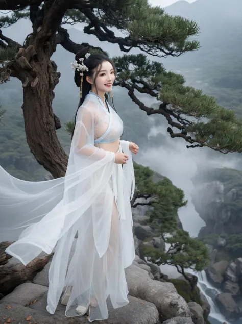 (((translucent,semitransparent,see-through))),(1girl,white hanfu,looking at viewer:1.3,smile:1.2)(huge breasts),mountain,mist,sa...