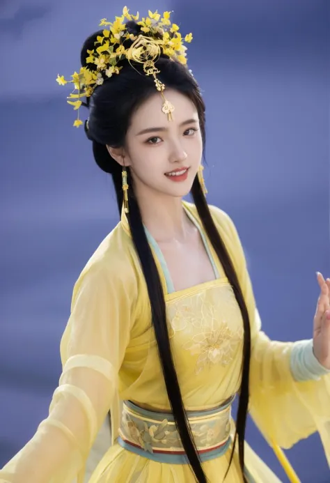 (yellow:1.3)
She performed swordsmanship and wielded swords outside the tents of ancient Chinese military camps, swordplay
She is a dancer, known for her graceful and spirited dance moves, dressed in traditional dance attire predominantly in yellow, symbolizing her liveliness and courage.
She possesses a radiant smile and lively eyes, allowing makeup to accentuate her smile and eyes, with yellow as the primary color, symbolizing her liveliness and courage.
Her style is lively and brave, so her artistic style can be vivid, bold, with a bright and light yellow color palette.
(1girl:1.3), adult, Guofeng, Hanfu, mist, looking at viewer,long hair blown by the wind,  dusk, masterpiece,
analog film photo ethereal fantasy concept art of masterpiece, dynamic perspective, intricate details, wide angle, motion blur.  long hair.