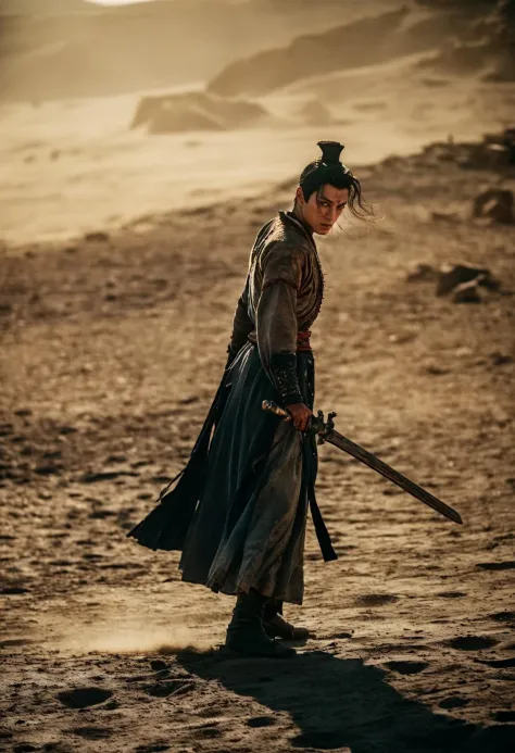 Hero cinematic still a man in hanfu,Hopeless,wuxia,swordman. emotional, harmonious, vignette, 4k epic detailed, shot on kodak, 35mm photo, sharp focus, high budget, cinemascope, moody, epic, gorgeous, film grain, grainy. Color-themed narratives, calligraphy, strategic battles, palace intrigue, vast deserts, rain-soaked duels, cinematic, highly detailed, incredible quality, creative atmosphere, bright vivid colors, perfect complex, elegant, dynamic, ambient light, great composition,,,, rich deep detail, inspired, illustrious, fine frank, extremely inspirational, stunning, beautiful, symmetry, clear, crisp, attractive, pretty