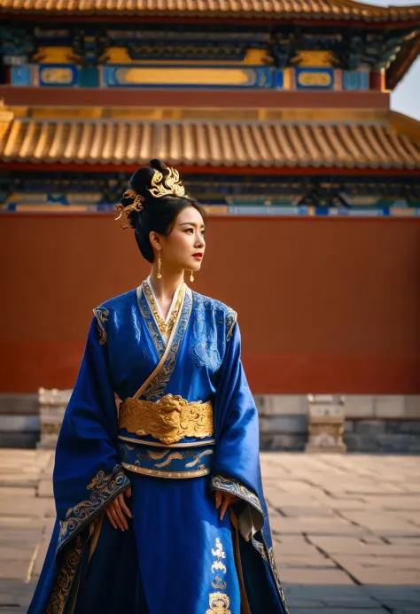 filmisch still Amidst the red walls of the Forbidden City, mit seinen goldenen Dächern, die in der Sonne glänzen, eine asiatische Frau in einem königsblauen Gewand mit goldenen Drachenmotiven ging. Ihre Kleidung, erinnert an die Kaiserinnen von einst, machte sie zu einem bewegenden Meisterwerk, ein Spiegelbild der Größe und Geschichte des dynastischen China.. emotional, harmonisch, vignette, 4k Epos detailed, gedreht mit Kodak, 35mm Foto, scharfer Fokus, Hohes Budget, Cinemascope, Launisch, Epos, wunderschön, Filmkorn, körnig, filmisch, äußerst, fabelhafte Farben, künstlerisch, perfekt kompliziert, schöne malerische volle Licht, tolle Komposition, Atmosphäre, dynamische dramatische Umgebung, kreativ, lebhaft, elegant