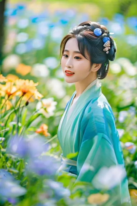 Eine junge Frau in einem blaugrünen Hanfu schlendert durch einen Frühlingsgarten. ihre Augen sind hell,  und ihre Lippen formen ein sanftes Lächeln. Die umliegenden Blumen,  Schmetterlinge,  und das Sonnenlicht schaffen eine lebendige und fröhliche Szene.