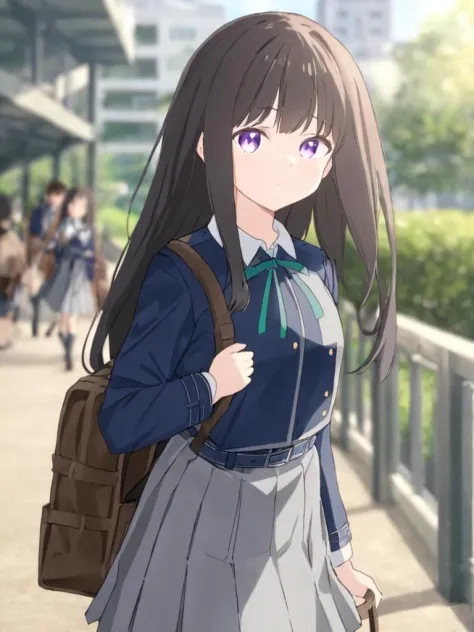 <lora:äºä¹ä¸æ³·å¥:1>,1girl, lycoris_uniform, solo, inoue_takina, long_hair, bag, two-tone_dress, pleated_dress, purple_eyes,...