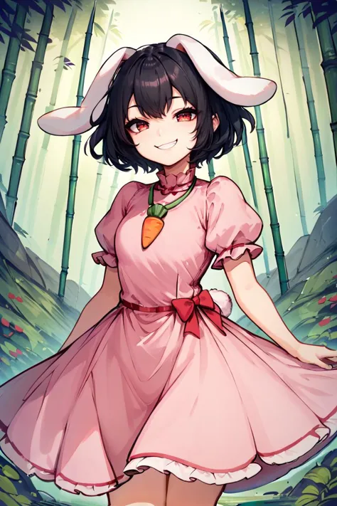 score_9, score_8_up, score_8, score_9, 1 girl, inaba tewi, black hair, pink dress, short hair, black hair, rabbit ears, floppy ears, carrot necklace, puffy sleeves, ribbon-trimmed sleeves, ribbon-trimmed dress,  <lora:inaba_tewi_pony-10:1>, red eyes,  bamboo forest,  cowboy shot,  <lora:Line Art Style LoRA XL:0.8>, smug