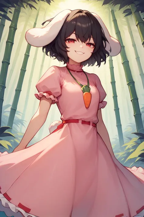 a close up of a person in a dress and hat in a forest