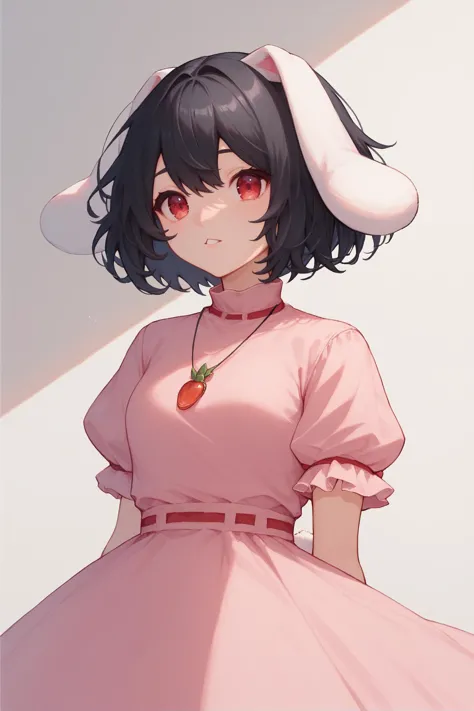 score_9, score_8_up, score_8, score_9, 1 girl, inaba tewi, black hair, pink dress, short hair, black hair, rabbit ears, floppy ears, <lora:inaba_tewi_pony-10:1>, red eyes