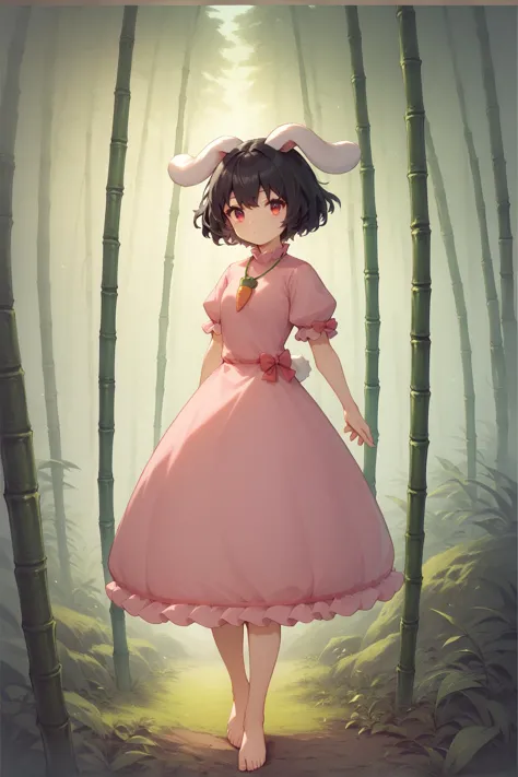 a woman in a pink dress standing in a forest