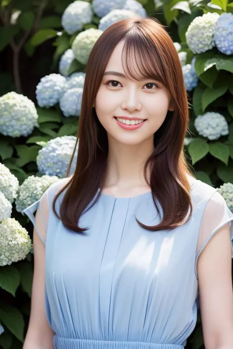 a woman in a blue dress standing in front of a bush of flowers