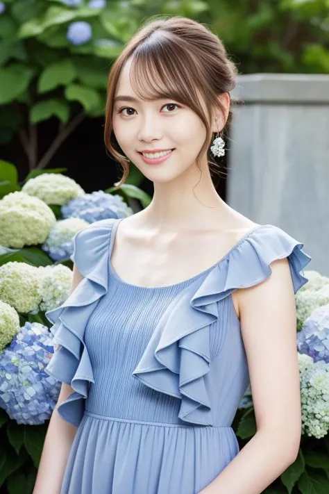 a woman in a blue dress standing in front of a bush of flowers