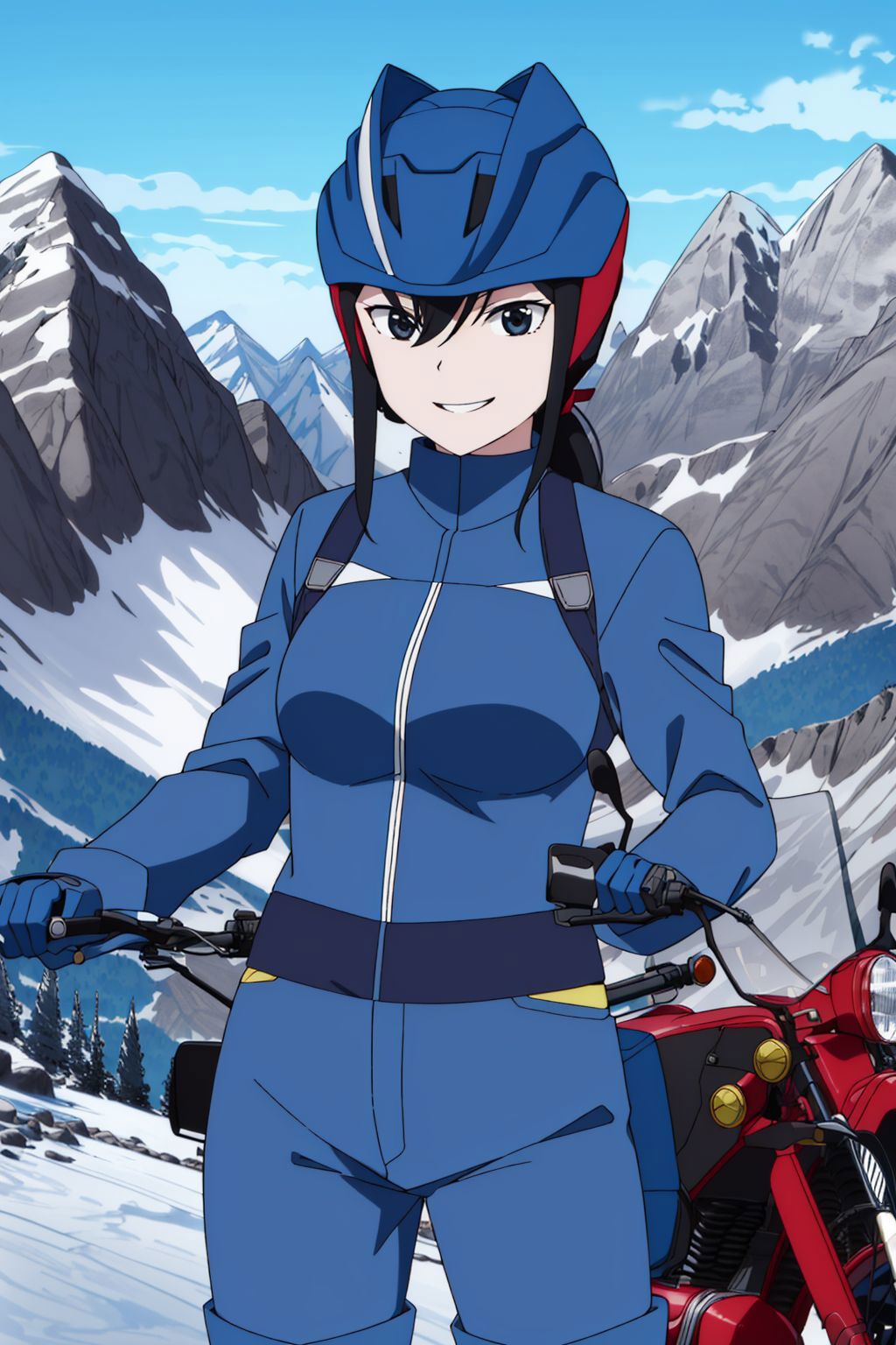 Anime girl in blue outfit standing next to a red motorcycle - SeaArt AI