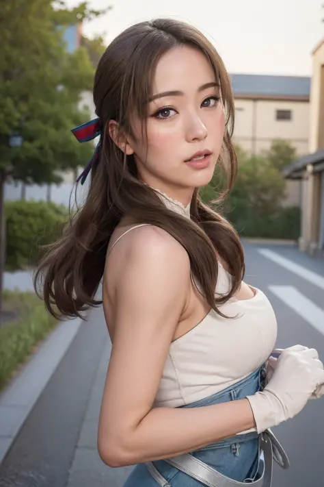 masterpiece, best quality, highly detailed, ultra high res, (photorealistic:1.8), unreal_engine, photograph, realistic_skin_texture, japonese face, <lora:momtwohit_oosuki-14:1>, oosuki mamako, 1girl, solo, looking at viewer, brown hair, hair ribbon, purple eyes, oosukidef, white gloves, arm at side, ayers rock, outdoors, <lyco:SwampEscapeAA:1>