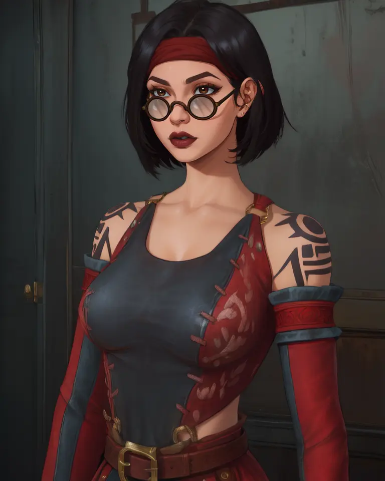 Briar,black hair,shoulder tattoo,lips,short hair,brown eyes,red-tinted eyewear,
headband,black top,detached sleeves,belt,
standing,upper body,
fantasy,inn,
(insanely detailed, beautiful detailed face,beautiful detailed eyes, masterpiece, best quality),solo,<lora:BriarRose:0.8>,