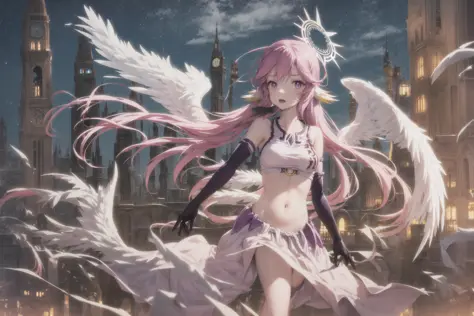 ((jibril)) ((((<lora:Jibril(NoGameNoLife)_Full_animefinal:1>))))
jibril (no game no life), official clothes, scythe, compass rose halo, (((1girl))), long hair, halo, magic circle, solo, navel, pink hair, feathered wings, breasts, open mouth, white wings, wings, low wings, gloves, midriff, animal ears, angel wings, (sun), ((day)), ruins, broken glass, broken clock tower
masterpiece, best quality, whale,starry sky, city,lights <lora:RAL-000010:0.5>,1girl,cloudy sky, cloud,ruins