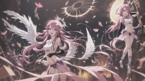 ((jibril)) ((((<lora:Jibril(NoGameNoLife)_Full_animefinal:1>))))
jibril (no game no life), official clothes, scythe, compass rose halo, (((1girl))), long hair, halo, magic circle, solo, navel, pink hair, feathered wings, breasts, open mouth, white wings, wings, low wings, gloves, midriff, animal ears, angel wings, (sun), ((day)), ruins, broken glass, broken clock tower