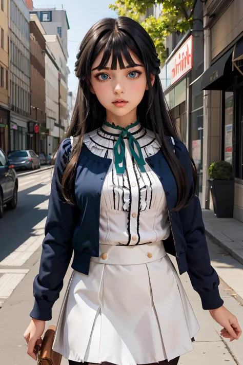 arafed image of a woman in a uniform walking down a street