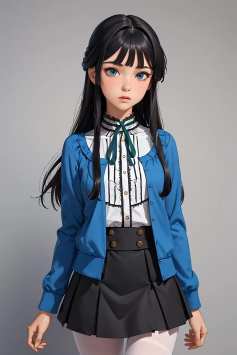 (masterpiece, best quality), 1girl,  <lora:Mogami:1> MogamiDef, black hair, long hair, blush, bangs, blue eyes, sidelocks, blunt bangs, skirt, shirt, long sleeves, jacket, white shirt, pantyhose, frills, open clothes, black skirt, open jacket, neck ribbon, ribbon, hair intakes, blue jacket, brown pantyhose, green ribbon, center frills, frilled shirt