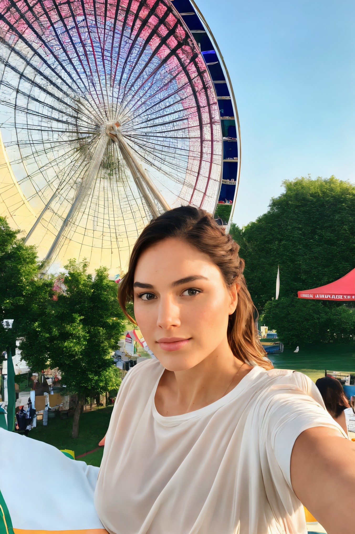 Araffes woman taking a selfie in front of a ferris wheel - SeaArt AI