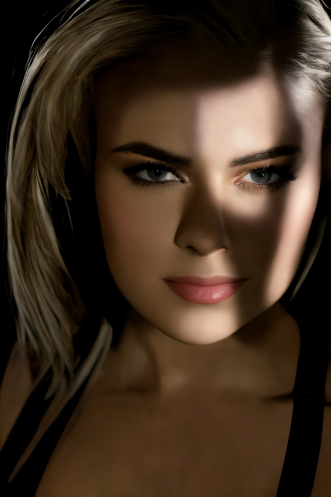 A close up of a woman with a black top and blonde hair - SeaArt AI