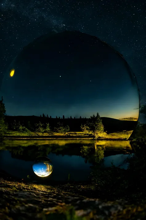 Glass Sphere,  <lora:dynamic_shot_30_crystal_perspective:0.80>
Lakeside camping site and starry night,
highres, high quality, hi...
