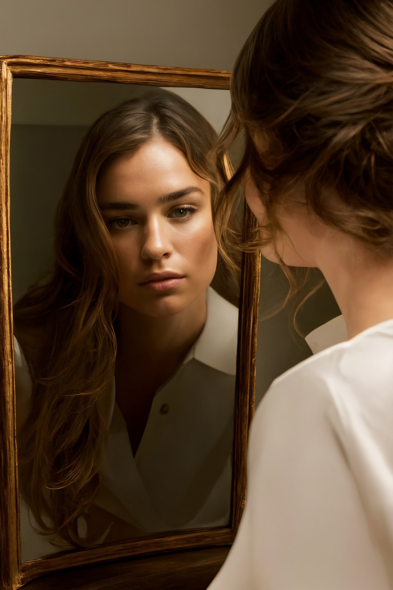 Arafed woman looking at herself in a mirror in a bathroom - SeaArt AI