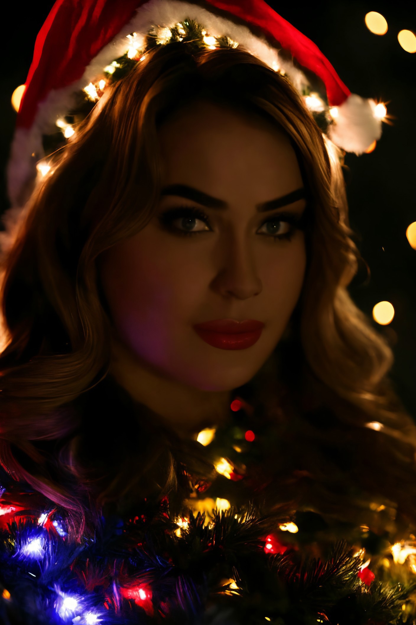 A close up of a woman wearing a santa hat and lights - SeaArt AI