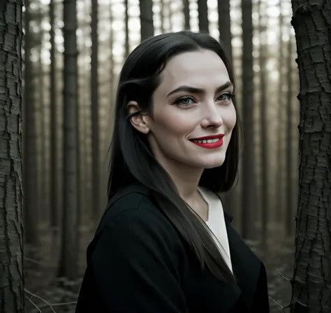 evil cute woman, long black hair,  blue pale eyes,( evil smile:1.1),  <lora:sxz-helga-sinclair-v6:1> in forest, face shot,  up b...