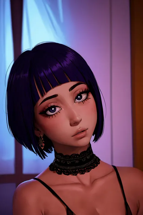 jirou2, 1girl, solo, short hair, bangs, looking at viewer, shirt, black hair, choker, purple hair, long earlobes, full body, Sleeping
cinematic, eyeshadow, long eyelashes,
anatomical, good hands,
nsfw,
Japanese, Cambodian, Yakuza,
detailed eyes, detailed face, (perfect pupils), perfect nipples,
beautiful composition, fantasy, mystical,
triadic lighting, vivid light, high contrast, dark shadows,
ethereal, colorful, detailed, (masterpiece, best quality:1.2), extremely high detail photorealistic, photograph, photo, dlsr, FujiFilm, extremely high detail