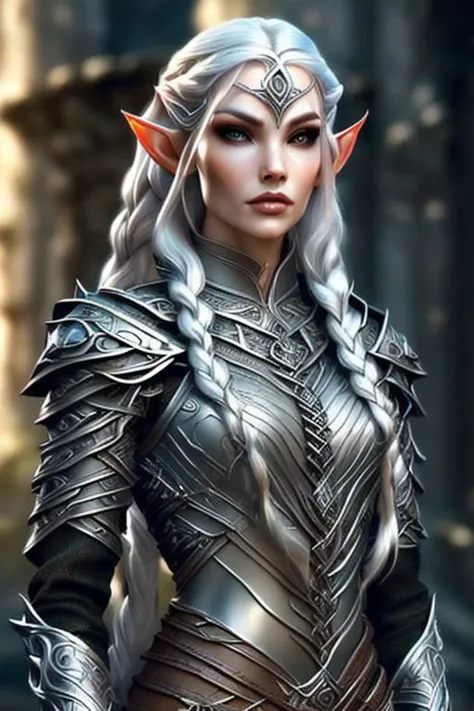 elf woman warrior s, elves, white hair, ((braided hair)), perfect face, beautiful face, slender figure, elven runes, silver skin...