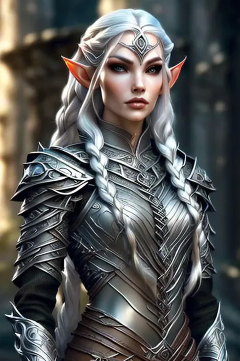 elf woman warrior s, elves, white hair, ((braided hair)), perfect face, beautiful face, slender figure, elven runes, silver skin, upper body, cowboy shot, ornate black and silver armor, cinematic lighting, golden hour, beautiful, silver eyes, castle ruins, masterpiece, bokeh, rim light, elar  