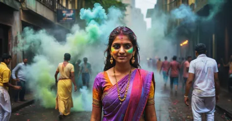 photograph indian people in many colorful typical dresses in Mumbai streets, in India, festivities, color powder festival, hindu...