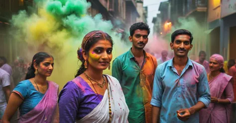 photograph a group of indian people in many colorful typical dresses in Mumbai streets, in India, festivities, color powder fest...