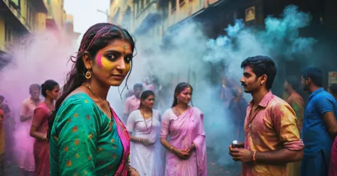 photograph a group of indian people in many colorful typical dresses in Mumbai streets, in India, festivities, color powder fest...