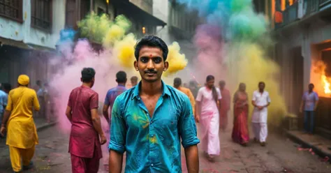 photograph indian people in many colorful typical dresses in Mumbai streets, in India, festivities, color powder festival, hindu...